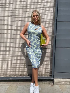 Glamorous Graduation|Best Dressed Guest|Blue-Green Floral Mesh Bodycon Cut-Out Midi-Dress -