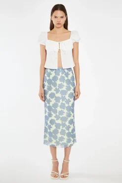 Glamorous Best Dressed Guest|Go To Partywear|Blue-Green Floral Mesh Lace-Trim Midi-Skirt -