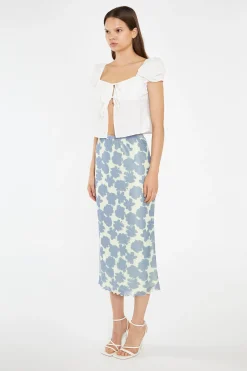 Glamorous Best Dressed Guest|Go To Partywear|Blue-Green Floral Mesh Lace-Trim Midi-Skirt -
