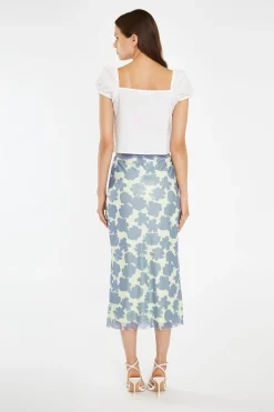 Glamorous Best Dressed Guest|Go To Partywear|Blue-Green Floral Mesh Lace-Trim Midi-Skirt -