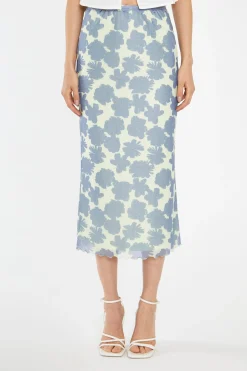 Glamorous Best Dressed Guest|Go To Partywear|Blue-Green Floral Mesh Lace-Trim Midi-Skirt -