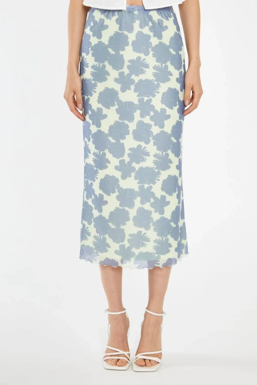 Glamorous Best Dressed Guest|Go To Partywear|Blue-Green Floral Mesh Lace-Trim Midi-Skirt -