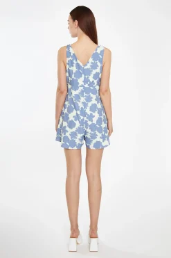 Glamorous Jet Setter|Chic Escapes|Blue-Green Floral V-Neck Loose-Fit Playsuit -