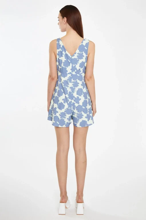 Glamorous Jet Setter|Chic Escapes|Blue-Green Floral V-Neck Loose-Fit Playsuit -