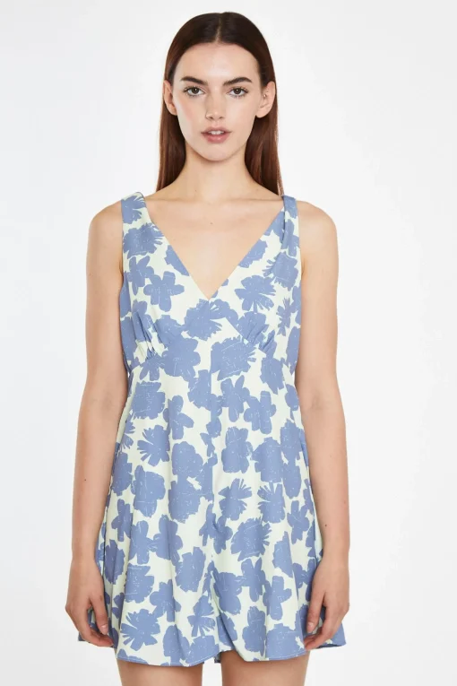 Glamorous Jet Setter|Chic Escapes|Blue-Green Floral V-Neck Loose-Fit Playsuit -