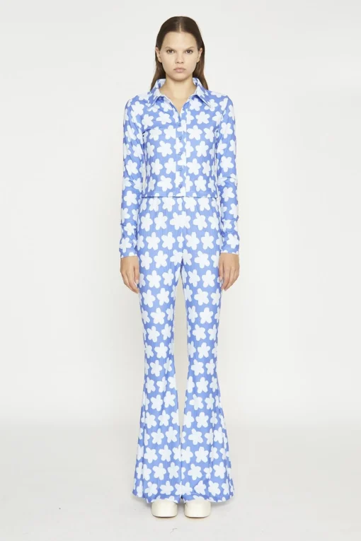Glamorous Co-ords|Blouses & Shirts|Blue-Large Flower Long-Sleeve Skinny-Fit-Shirt -