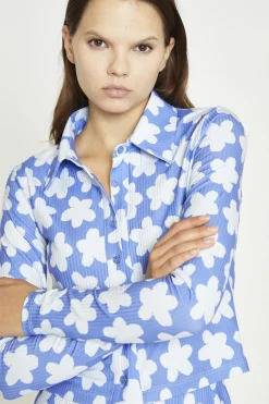 Glamorous Co-ords|Blouses & Shirts|Blue-Large Flower Long-Sleeve Skinny-Fit-Shirt -