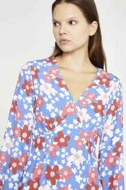 Glamorous Day Dresses|Mini Dresses|Blue-Red Flower Fluted Sleeve Mini-Dress -
