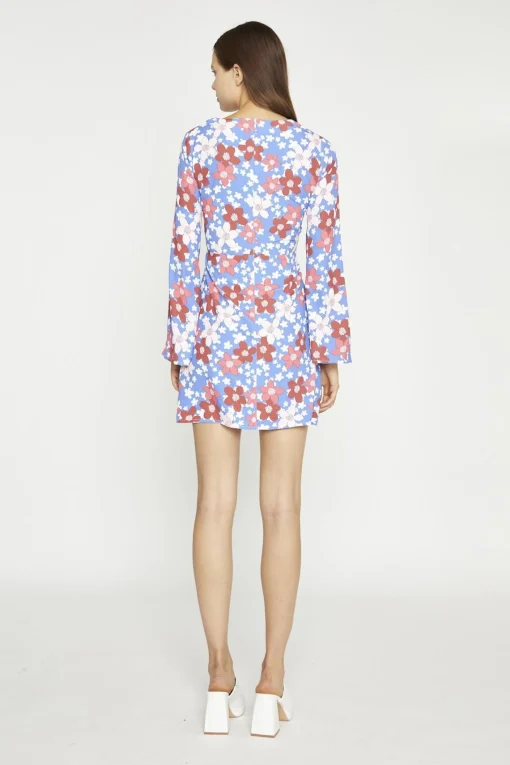 Glamorous Day Dresses|Mini Dresses|Blue-Red Flower Fluted Sleeve Mini-Dress -