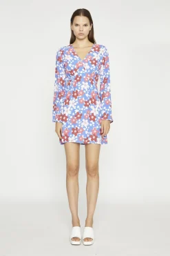 Glamorous Day Dresses|Mini Dresses|Blue-Red Flower Fluted Sleeve Mini-Dress -