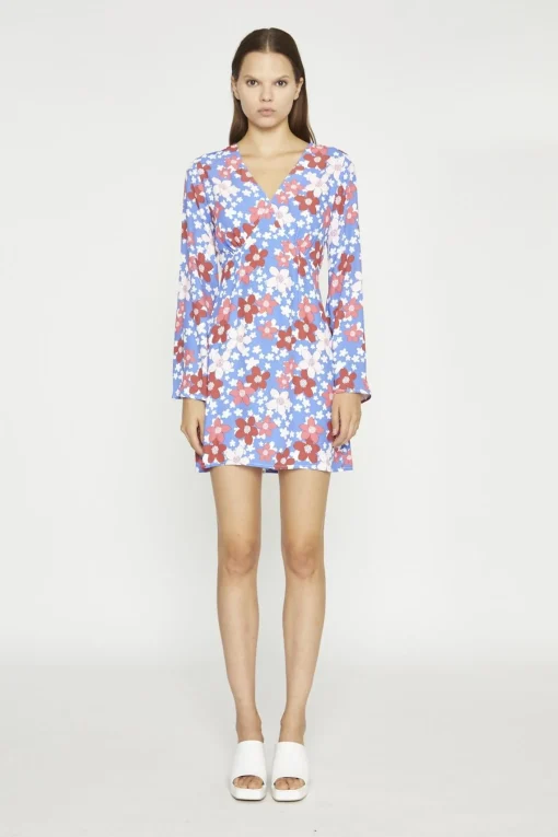 Glamorous Day Dresses|Mini Dresses|Blue-Red Flower Fluted Sleeve Mini-Dress -