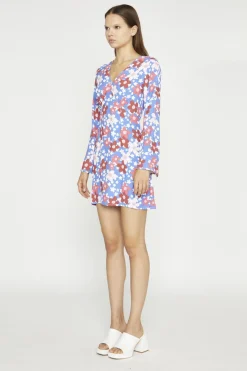 Glamorous Day Dresses|Mini Dresses|Blue-Red Flower Fluted Sleeve Mini-Dress -