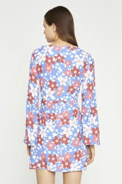 Glamorous Day Dresses|Mini Dresses|Blue-Red Flower Fluted Sleeve Mini-Dress -