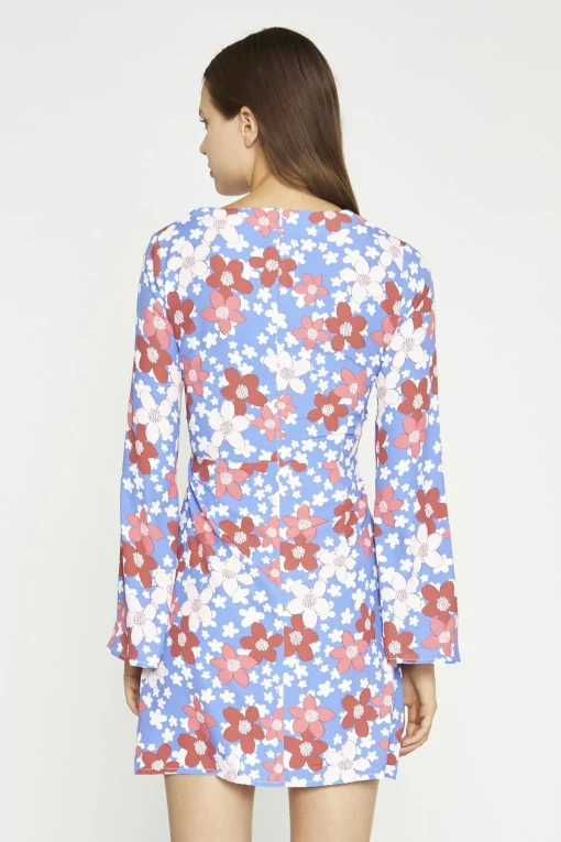 Glamorous Day Dresses|Mini Dresses|Blue-Red Flower Fluted Sleeve Mini-Dress -