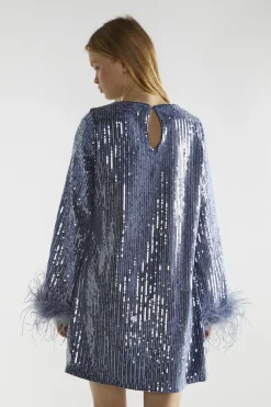 Glamorous Party Dresses|Going Out Dresses|Blue-Sequin Feather Cuff Mini-Dress -