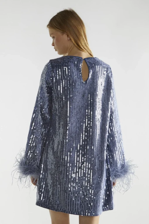 Glamorous Party Dresses|Going Out Dresses|Blue-Sequin Feather Cuff Mini-Dress -