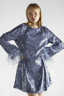 Glamorous Party Dresses|Going Out Dresses|Blue-Sequin Feather Cuff Mini-Dress -