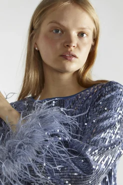 Glamorous Party Dresses|Going Out Dresses|Blue-Sequin Feather Cuff Mini-Dress -