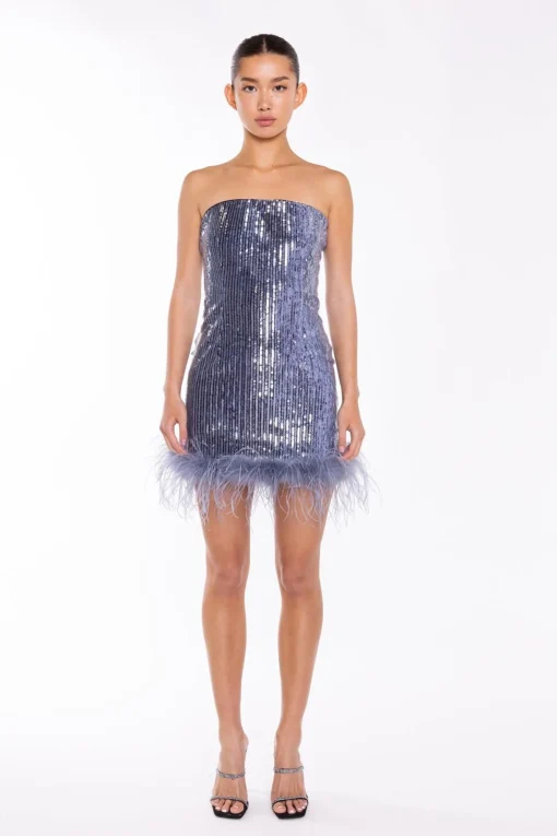 Glamorous Party Dresses|Going Out Dresses|Blue-Sequin Feather-Hem Mini-Dress -