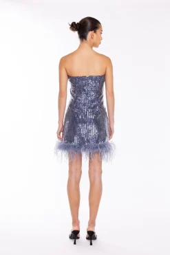 Glamorous Party Dresses|Going Out Dresses|Blue-Sequin Feather-Hem Mini-Dress -