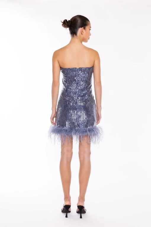 Glamorous Party Dresses|Going Out Dresses|Blue-Sequin Feather-Hem Mini-Dress -