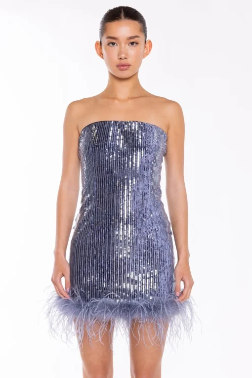 Glamorous Party Dresses|Going Out Dresses|Blue-Sequin Feather-Hem Mini-Dress -