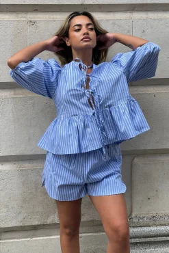 Glamorous Jet Setter|Chic Escapes|Blue-Stripe Side Split Shorts -