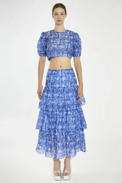 Glamorous Best Dressed Guest|Co-ords|Blue-Tile Organza Puff Sleeve Crop-Top -