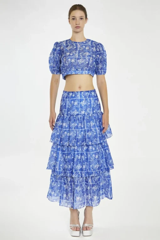 Glamorous Best Dressed Guest|Co-ords|Blue-Tile Organza Puff Sleeve Crop-Top -
