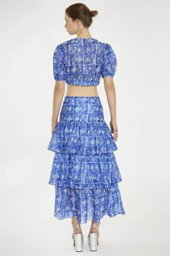 Glamorous Best Dressed Guest|Co-ords|Blue-Tile Organza Puff Sleeve Crop-Top -