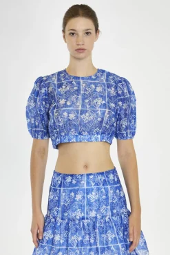 Glamorous Best Dressed Guest|Co-ords|Blue-Tile Organza Puff Sleeve Crop-Top -