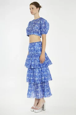 Glamorous Best Dressed Guest|Co-ords|Blue-Tile Organza Puff Sleeve Crop-Top -
