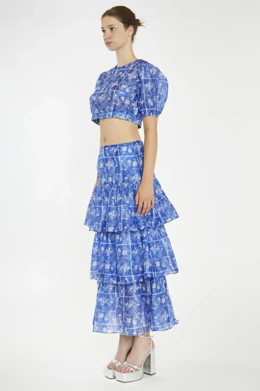 Glamorous Best Dressed Guest|Co-ords|Blue-Tile Organza Puff Sleeve Crop-Top -