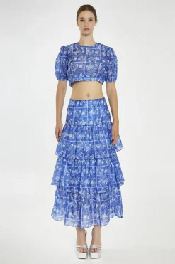 Glamorous Best Dressed Guest|Co-ords|Blue-Tile Organza Tiered Ruffle Midaxi-Skirt -