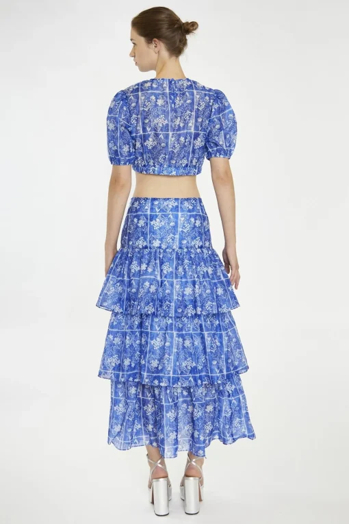 Glamorous Best Dressed Guest|Co-ords|Blue-Tile Organza Tiered Ruffle Midaxi-Skirt -