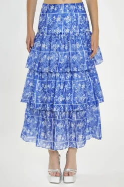 Glamorous Best Dressed Guest|Co-ords|Blue-Tile Organza Tiered Ruffle Midaxi-Skirt -