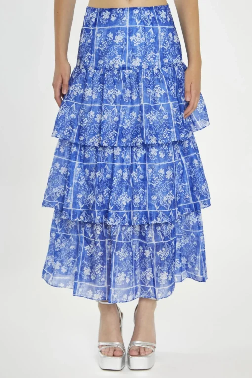 Glamorous Best Dressed Guest|Co-ords|Blue-Tile Organza Tiered Ruffle Midaxi-Skirt -