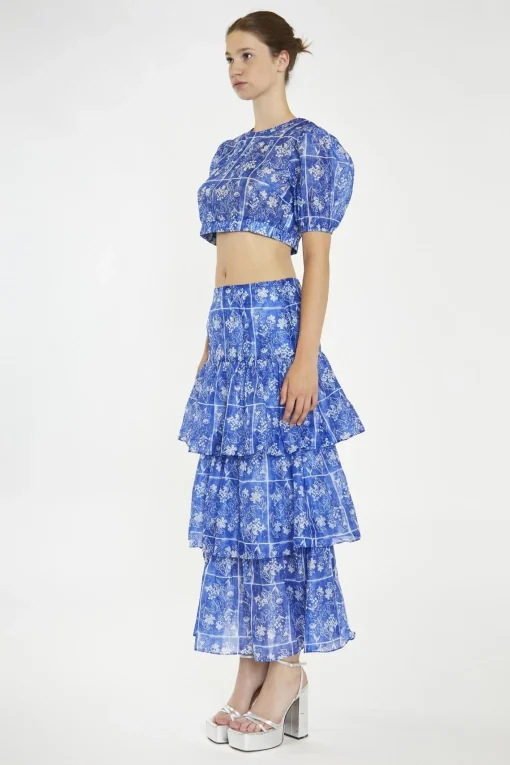 Glamorous Best Dressed Guest|Co-ords|Blue-Tile Organza Tiered Ruffle Midaxi-Skirt -
