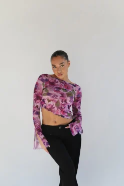 Glamorous Best Dressed Guest|Going Out Tops|Blurred-Purple Floral Asymmetric Crop-Top -