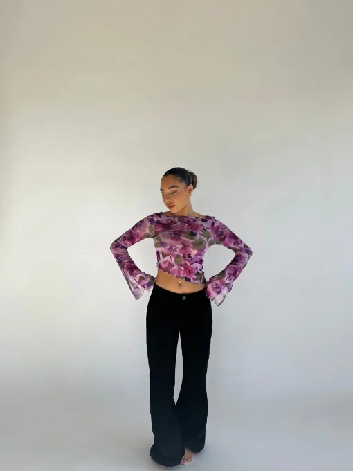 Glamorous Best Dressed Guest|Going Out Tops|Blurred-Purple Floral Asymmetric Crop-Top -