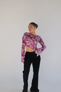 Glamorous Best Dressed Guest|Going Out Tops|Blurred-Purple Floral Asymmetric Crop-Top -