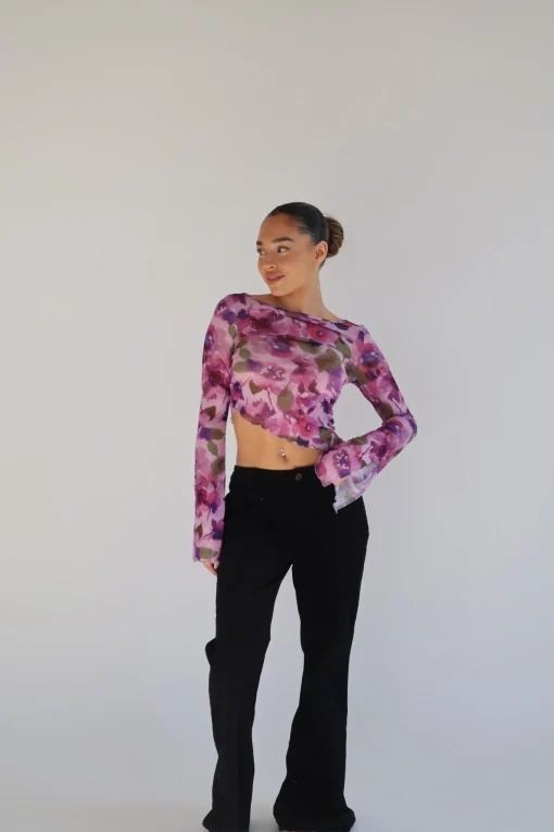 Glamorous Best Dressed Guest|Going Out Tops|Blurred-Purple Floral Asymmetric Crop-Top -