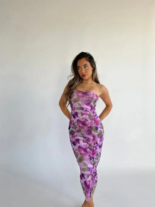 Glamorous Graduation|Best Dressed Guest|Blurred-Purple Floral Bandeau Midaxi-Dress -