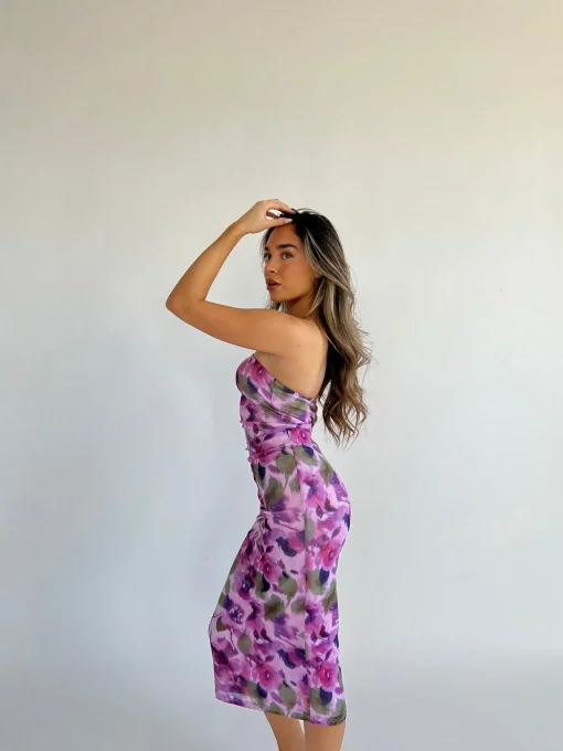 Glamorous Graduation|Best Dressed Guest|Blurred-Purple Floral Bandeau Midaxi-Dress -