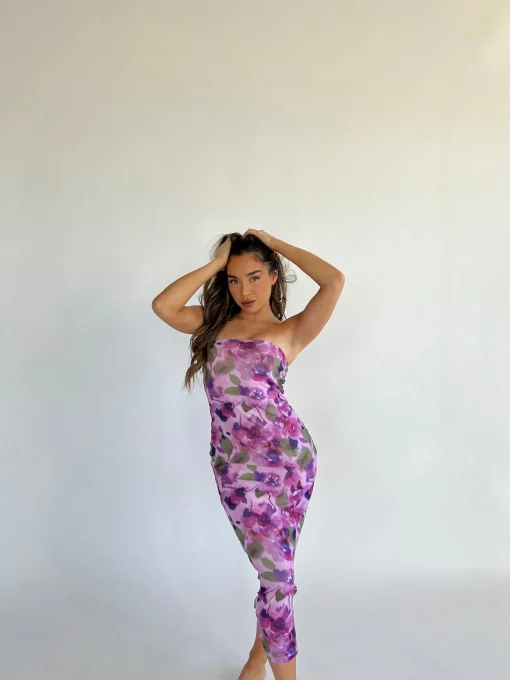 Glamorous Graduation|Best Dressed Guest|Blurred-Purple Floral Bandeau Midaxi-Dress -