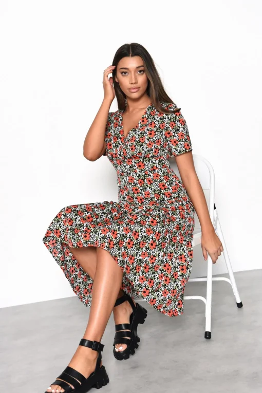 Glamorous Midi & Midaxi Dresses|Midi & Midaxi Dresses|Bold-Multi-Floral V-Neck Midi-Dress -