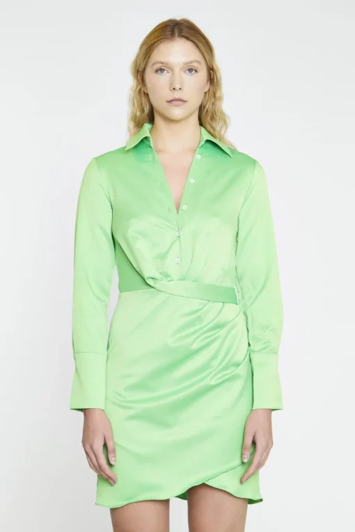Glamorous Day Dresses|Mini Dresses|Bright-Green Wrapped Shirt Mini-Dress -