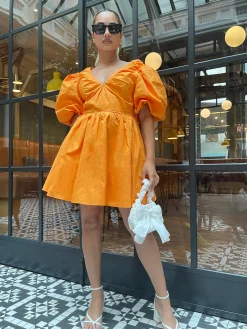 Glamorous Graduation|Best Dressed Guest|Bright-Orange Puff-Sleeve Skater Mini-Dress -