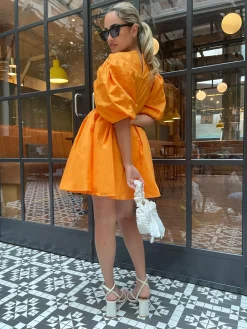 Glamorous Graduation|Best Dressed Guest|Bright-Orange Puff-Sleeve Skater Mini-Dress -