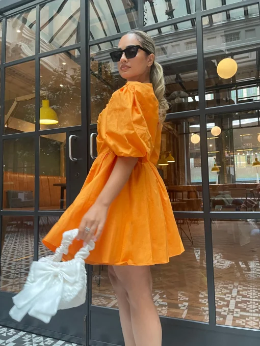 Glamorous Graduation|Best Dressed Guest|Bright-Orange Puff-Sleeve Skater Mini-Dress -